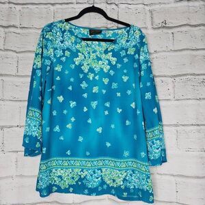 Bob Mackie Wearable Art Womens Blue Heavenly Hydrangea Printed Tunic Top Medium
